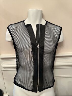 [M] Men's Black Leather & Mesh Zip-Front Vest
